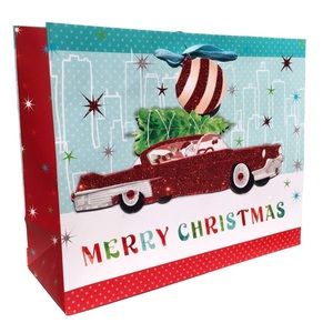 Molly & Rex Retro Santa in Antique Car Glitter Embellished 3-D Vertical Gift Bag
